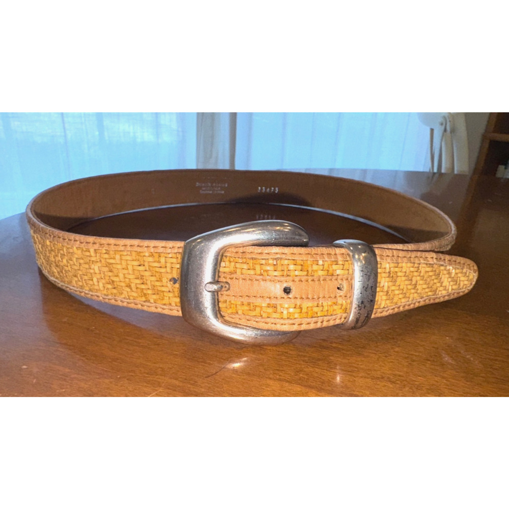 Vtg Streets Ahead USA Brown Woven Leather Belt w/ Silver Fibel Italy Buckle Sz S